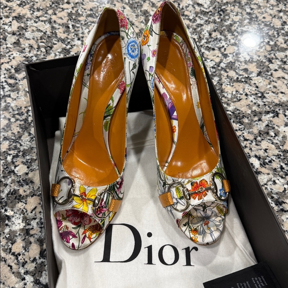 Dior Multicolor Floral Peep-Toe Heels